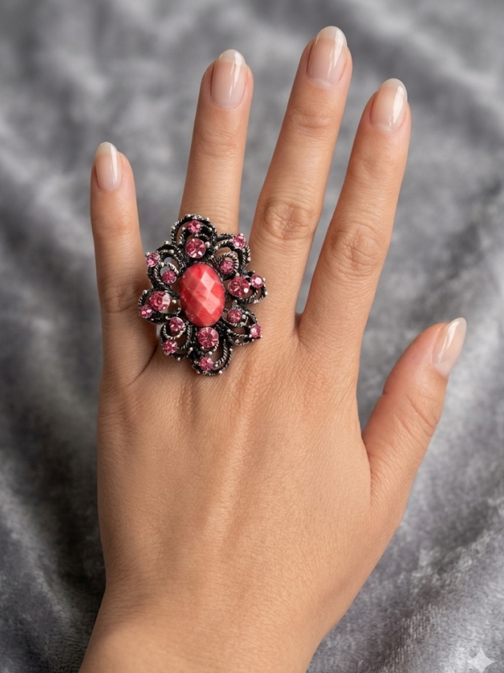 Vintage Style Pink Rhinestone Statement Ring Adjustable Cocktail Ring 💍